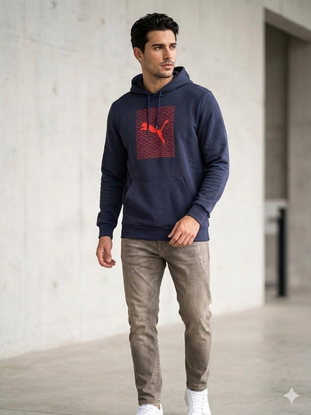 Puma Men's Dark Navy Hoodie with Orange Logo Print